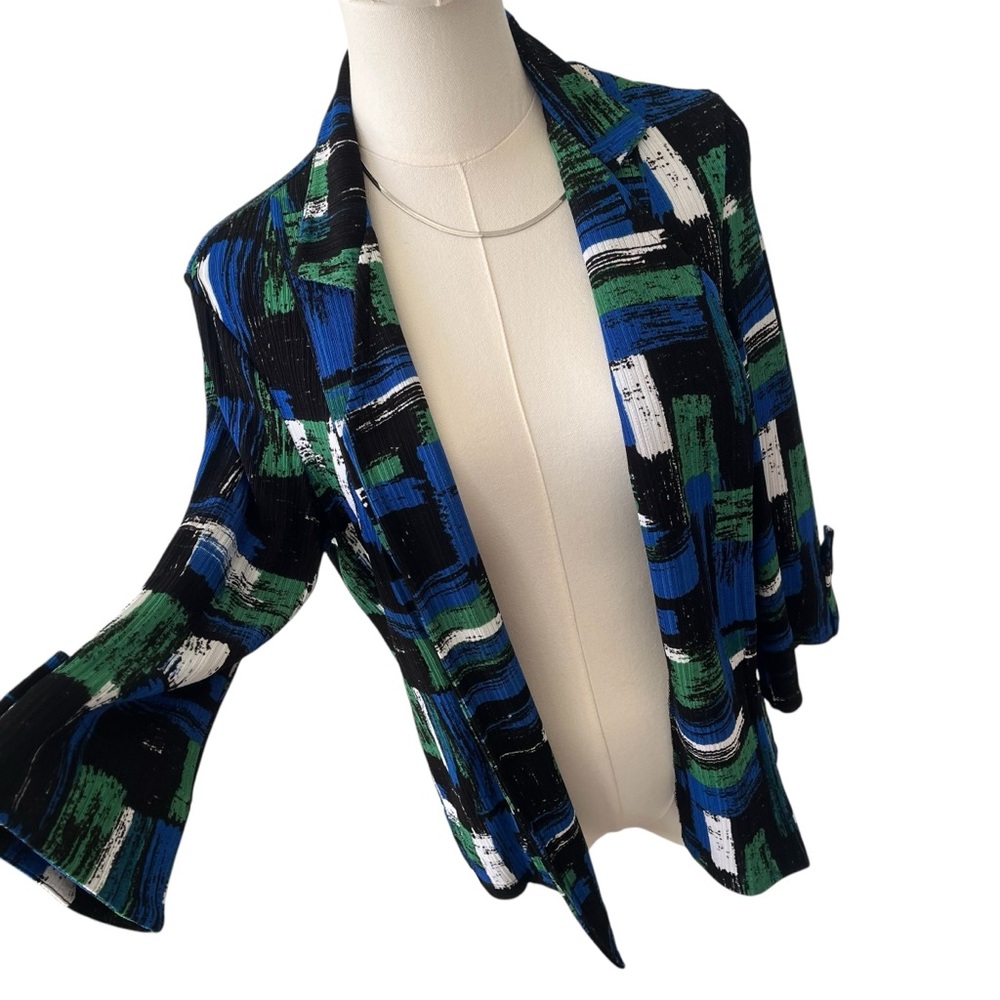 NWT Vintage abstract print open blazer lightweight blue green 3/4 sleeves PXS